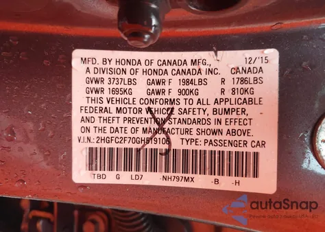 2016 Honda Civic Ex from USA, damaged, VIN 2HGFC2F70GH519106